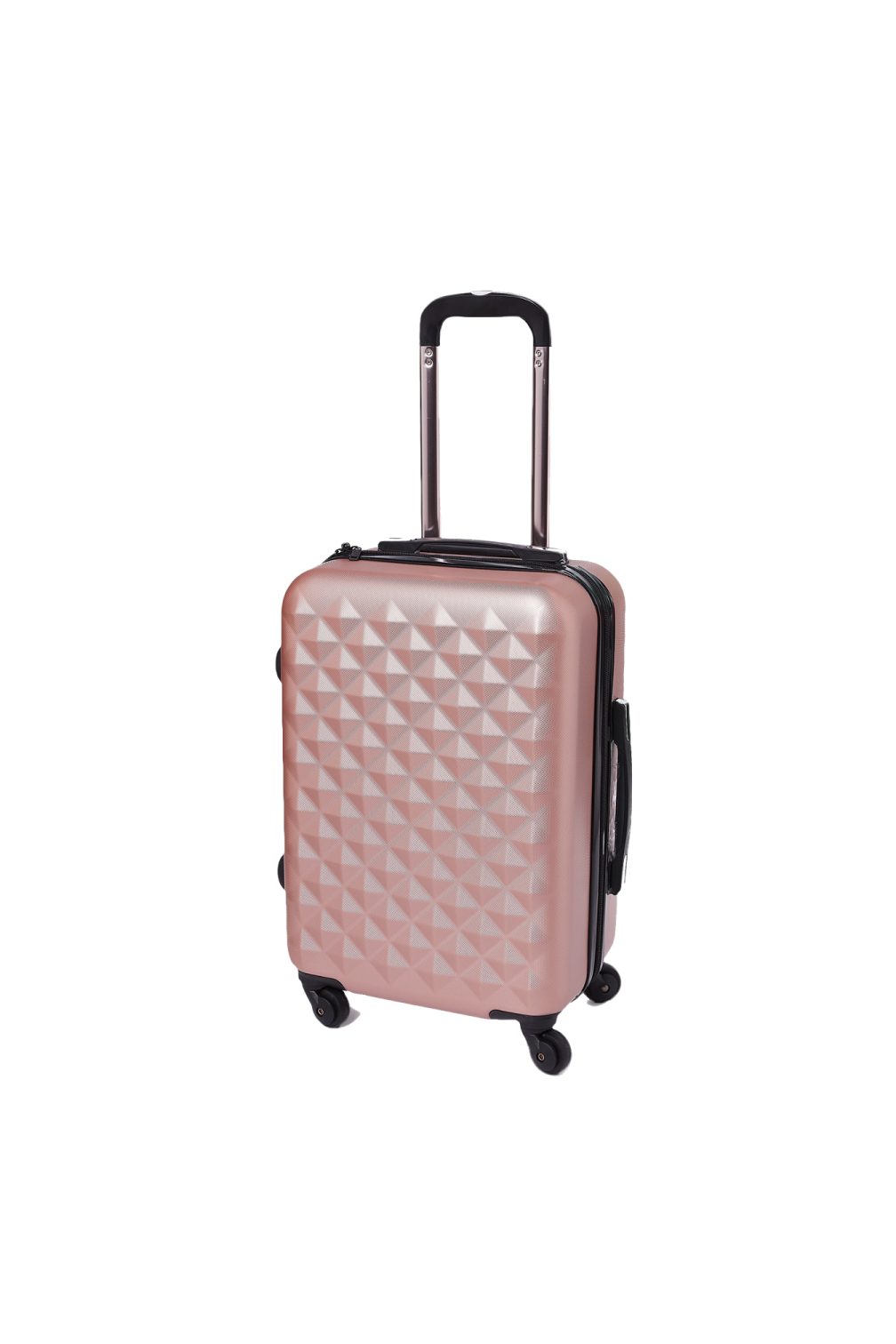 a pink suitcase with black handles and wheels