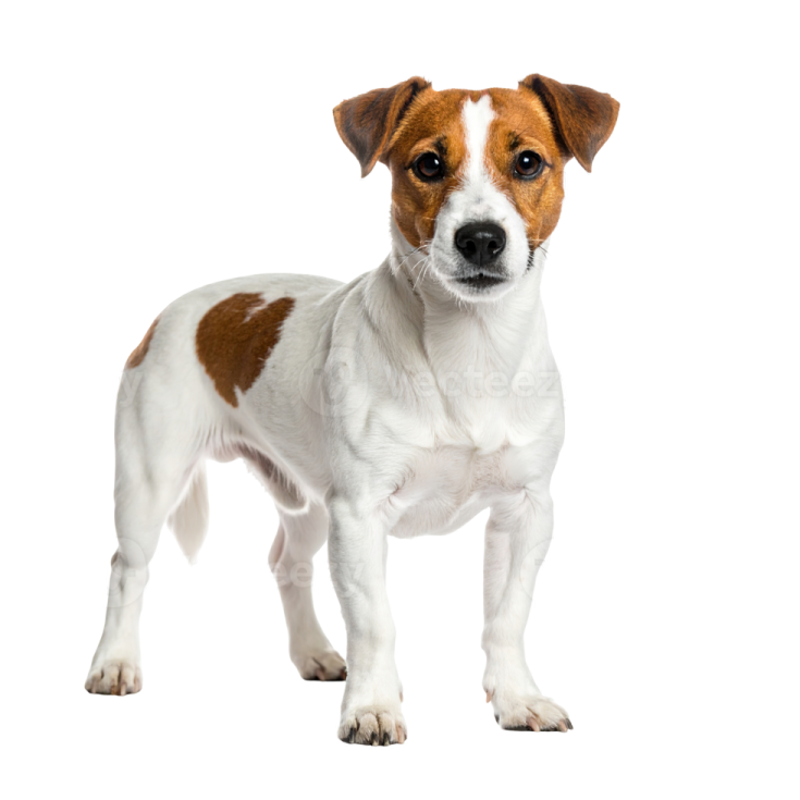 a small brown and white dog standing on a white background