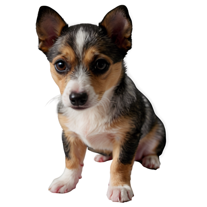 a small brown and black dog sitting on a white surface