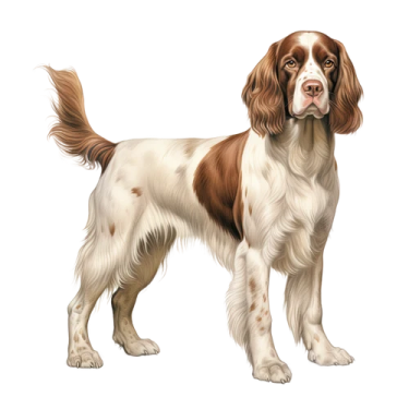 a brown and white dog standing on a white background