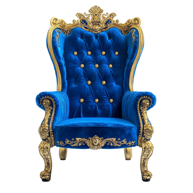 a blue velvet chair with gold detailing