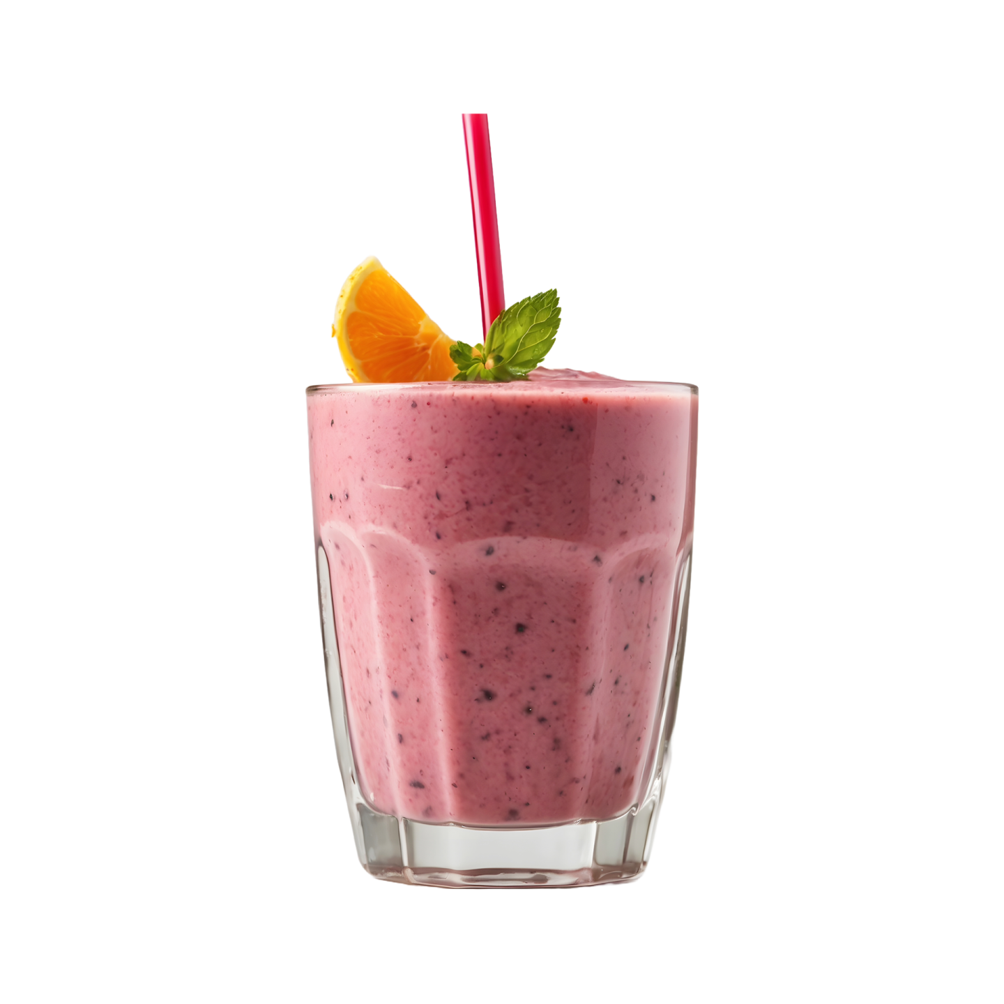 a glass filled with fruit and a red straw