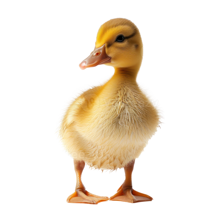 a small duck standing up against a white background