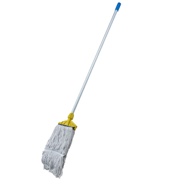 a white mop with blue handle and yellow handle