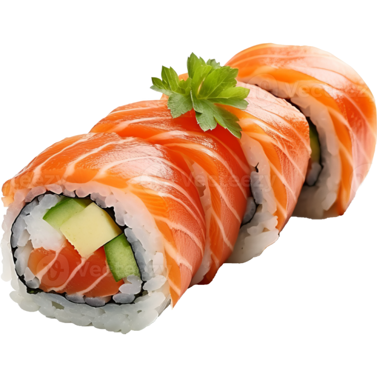 a roll of salmon and avoca on white background