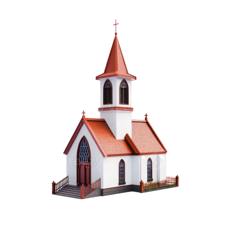 a small white church with a red roof