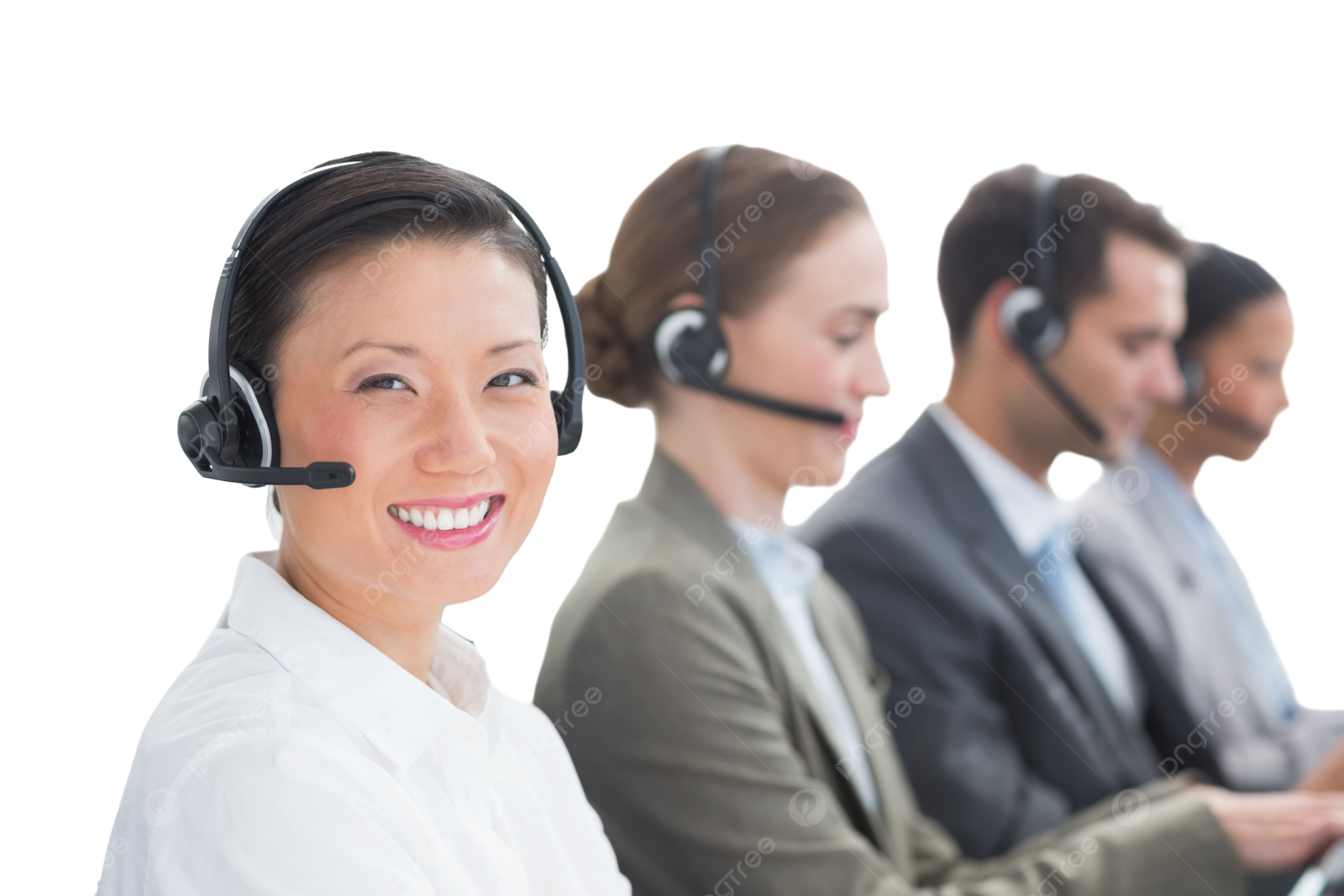 a woman wearing a headset and smiling at the camera