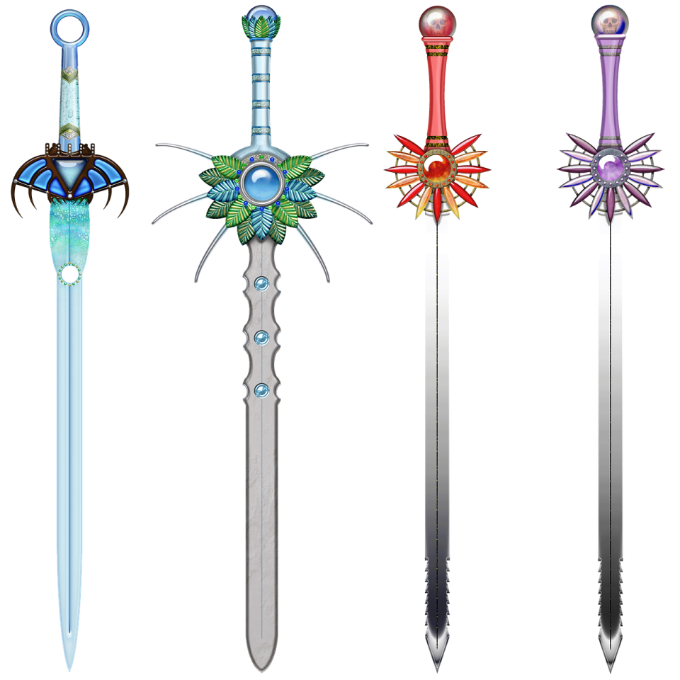 a set of four different types of swords