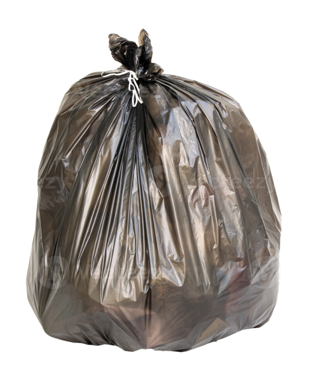 a black garbage bag on a white background