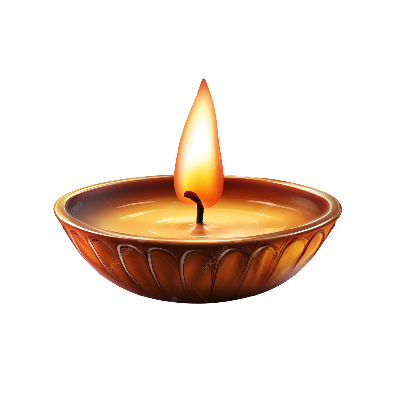 a lit candle in a brown bowl