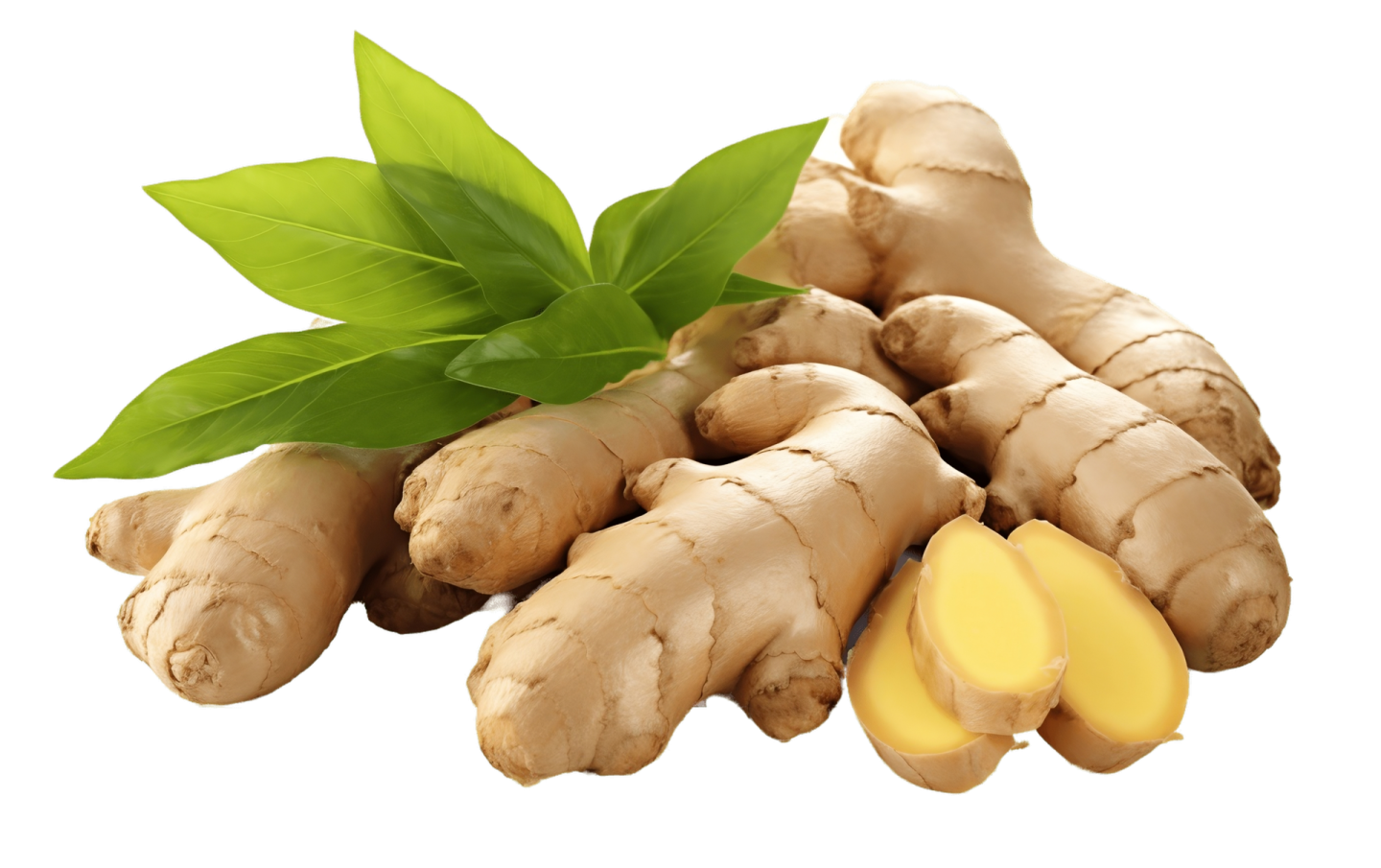 a pile of ginger root with a green leaf