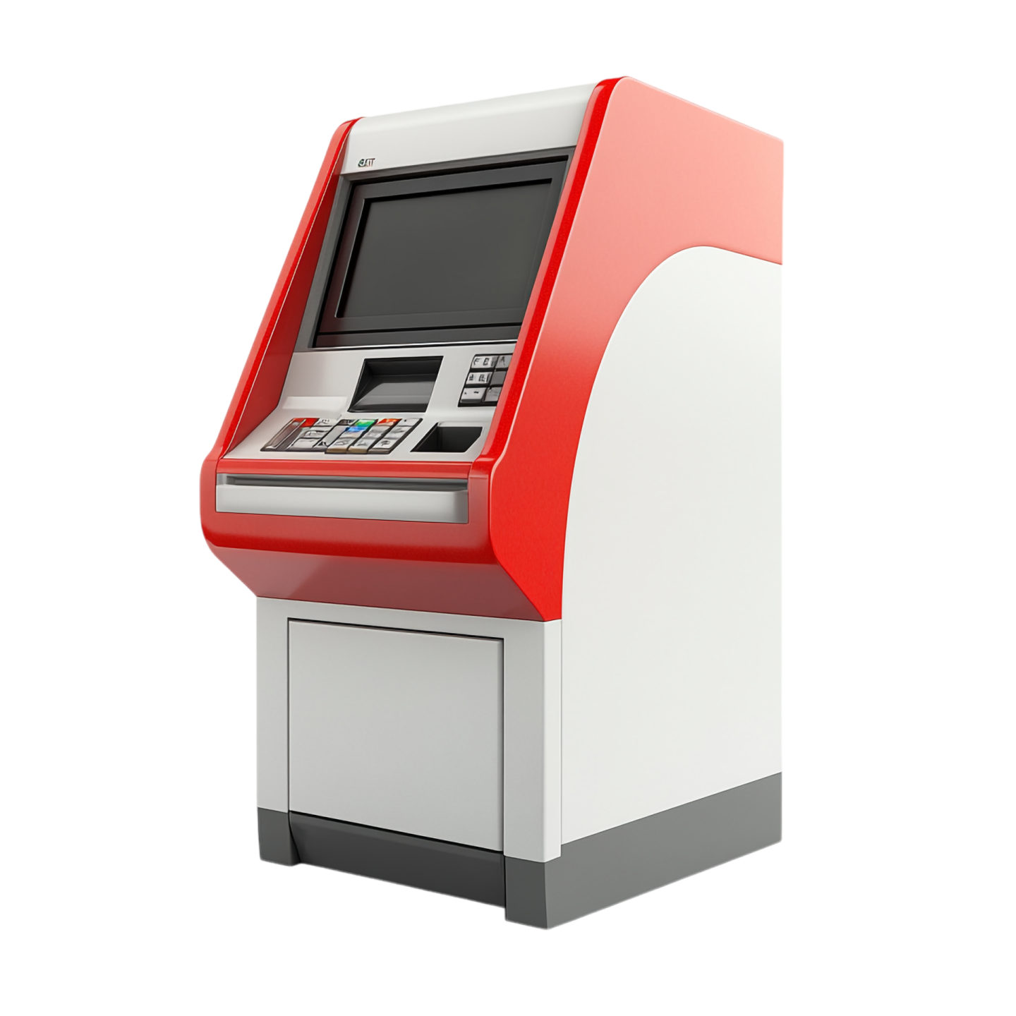 a red and white atm machine