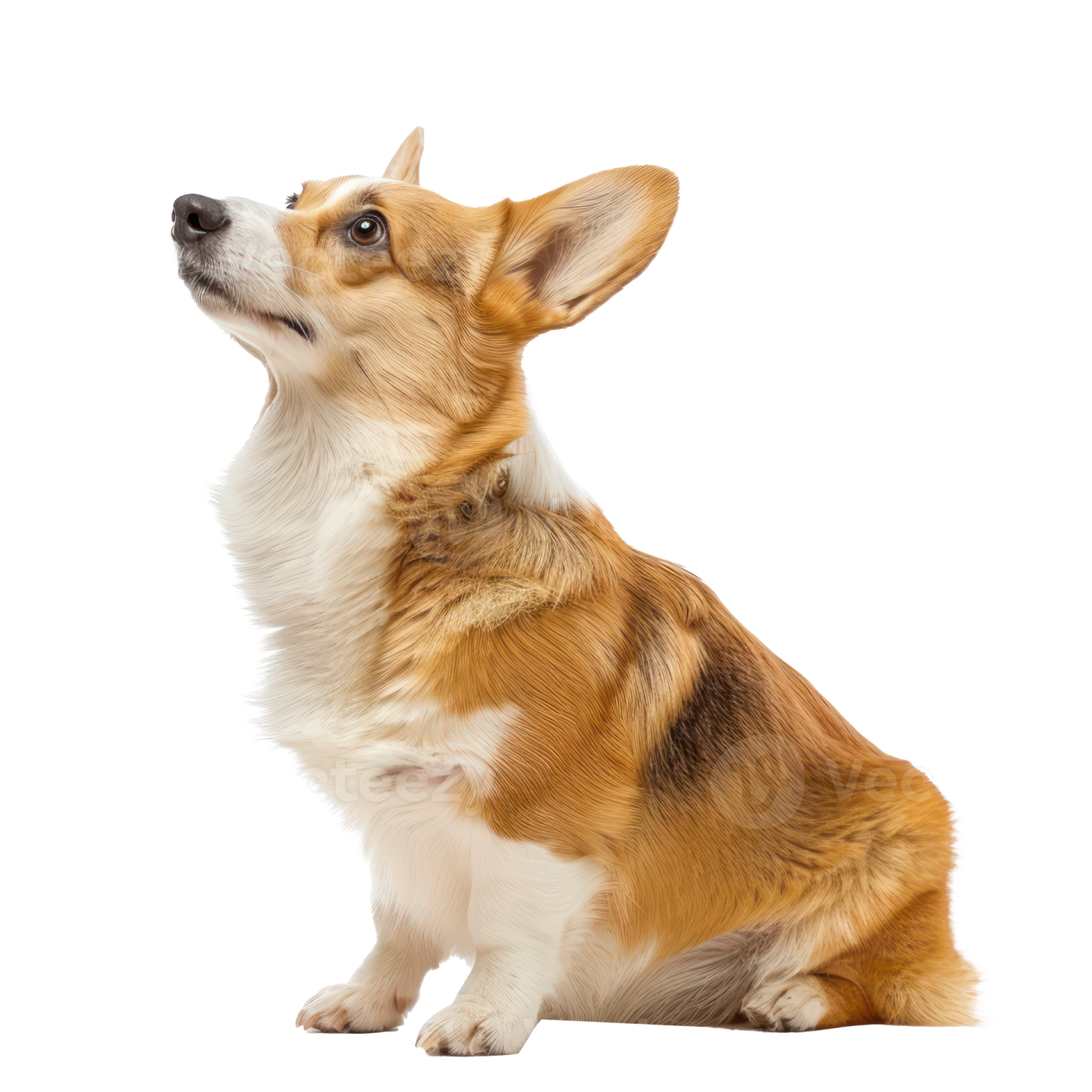 a brown and white dog sitting down looking up