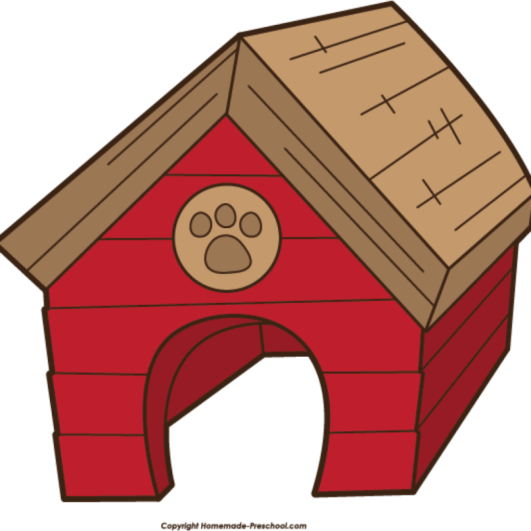 a red dog house with a brown roof