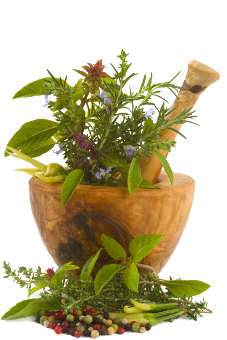 a wooden mortar with herbs and spices