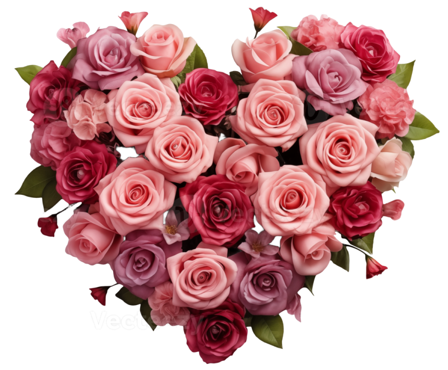 a heart shaped arrangement of pink and red roses