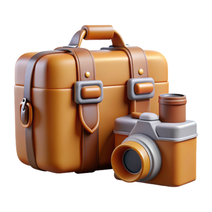 an orange suitcase with a camera on it