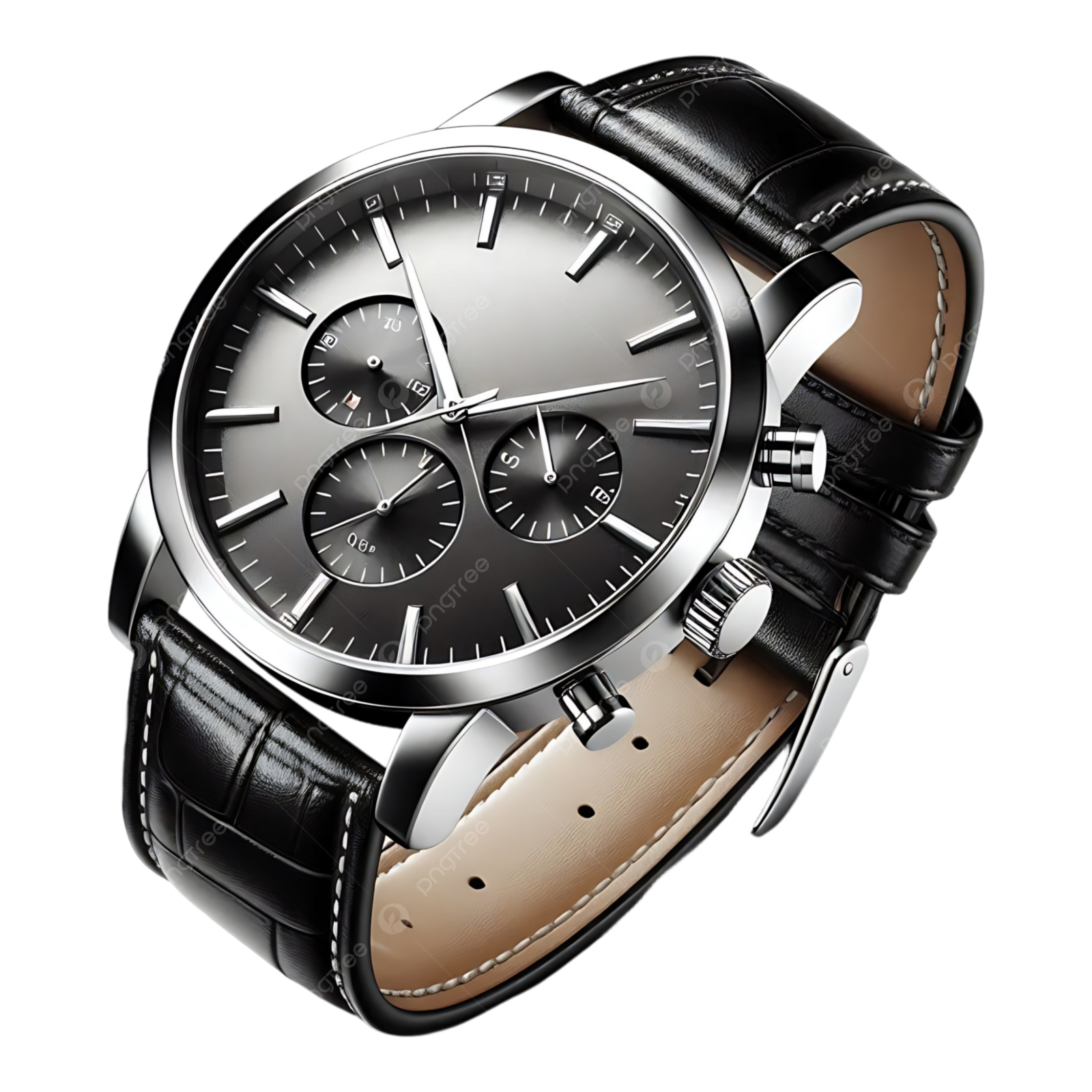 a watch with black leather strap and silver dial