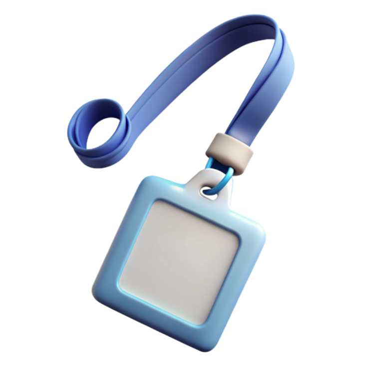 a blue and white id badge with a lan
