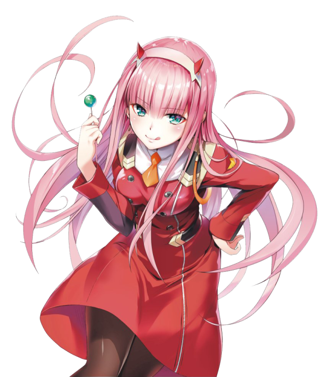 a girl in a red dress with long pink hair