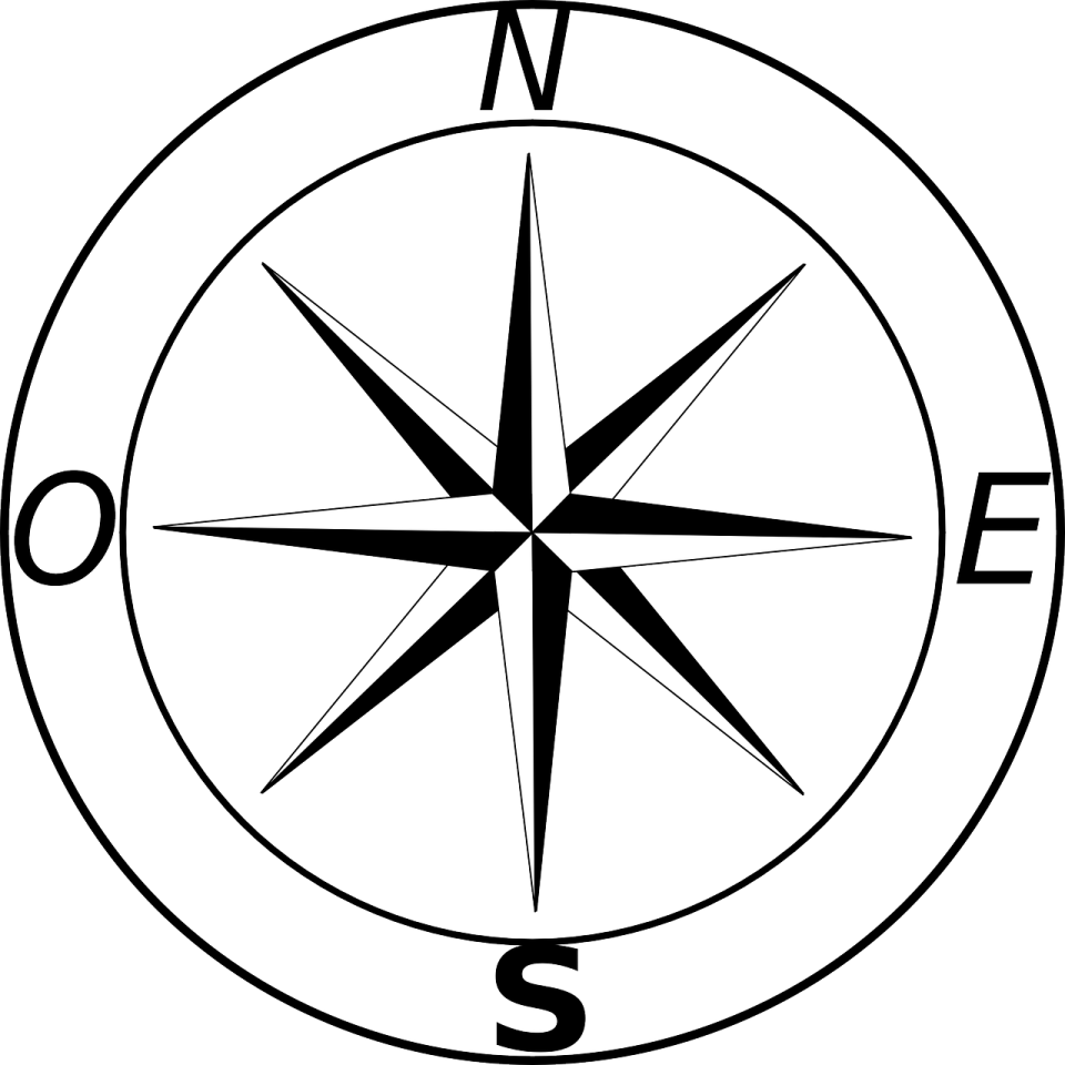 a black and white compass symbol