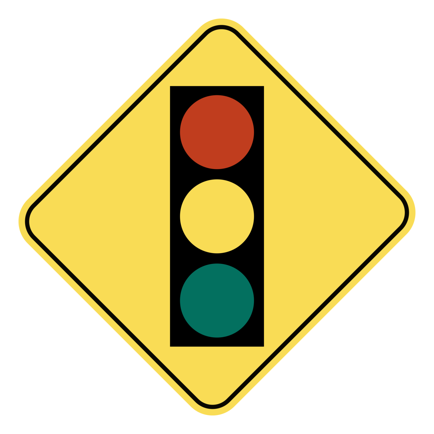 a traffic light on a yellow road sign