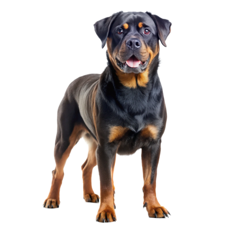 a black and brown dog standing on a white background