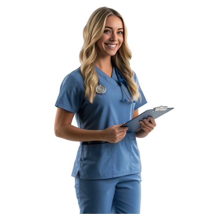 a woman in a blue scrub suit holding a tablet