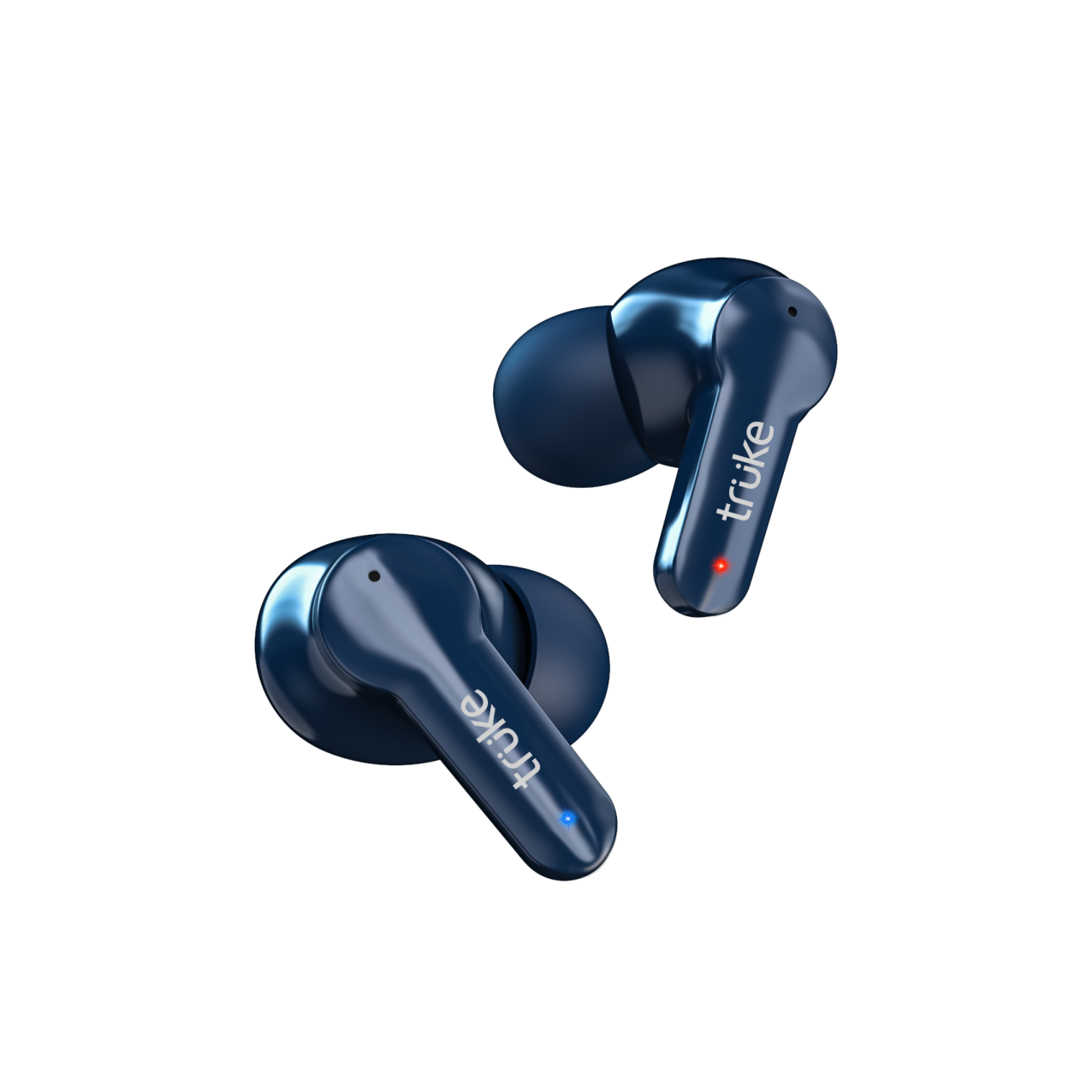 a pair of blue earphones on white background