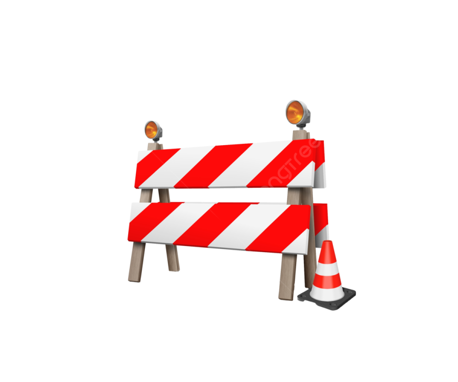 a red and white barrier with a traffic cone on top