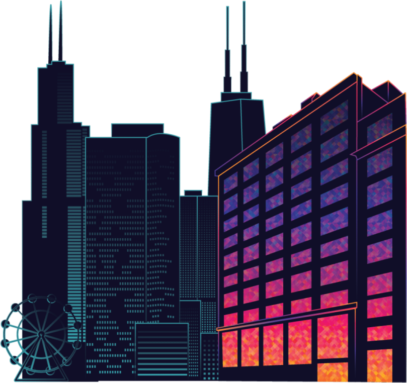a city skyline with buildings and skyscrapers in the background