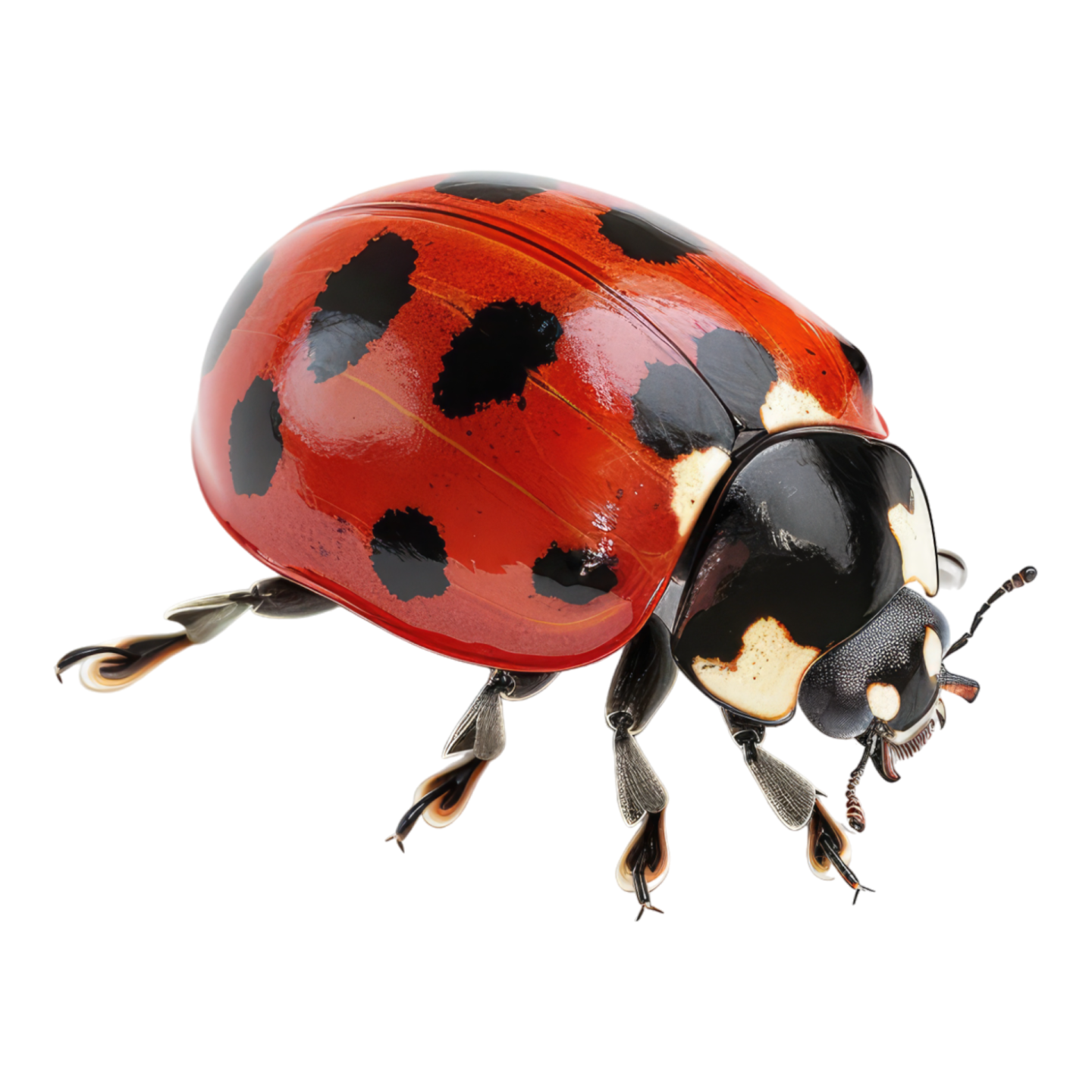 a red and black lady beetle on a white background