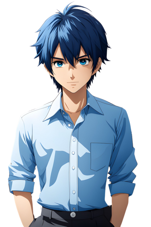 a man in a blue shirt and black pants