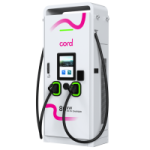 a white gas pump with pink and green accents