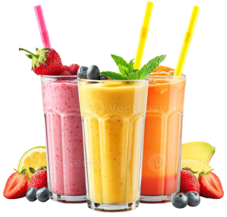 three glasses of smoothie with straws and fruit