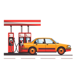 a yellow car at a gas station