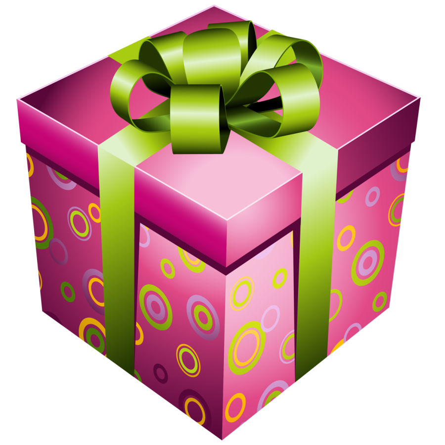 a pink gift box with a green bow