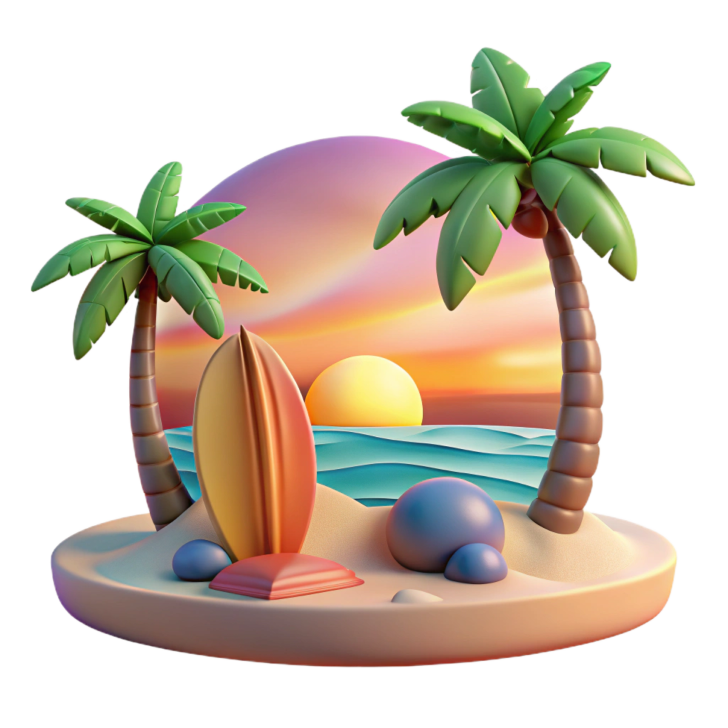 a beach scene with palm trees and surfboards