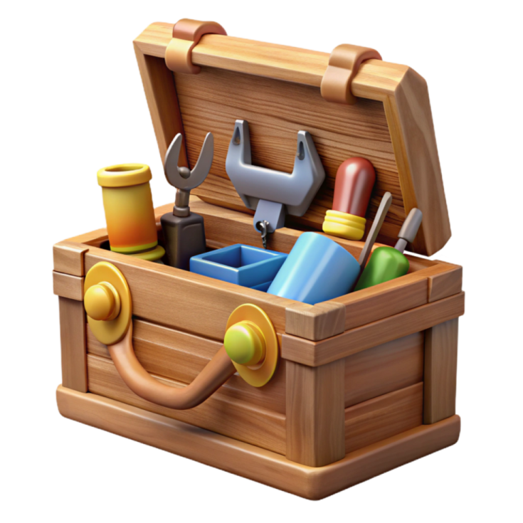 a wooden box filled with gardening tools