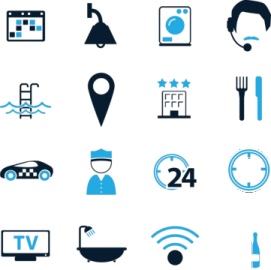 a set of blue icons on a white background
