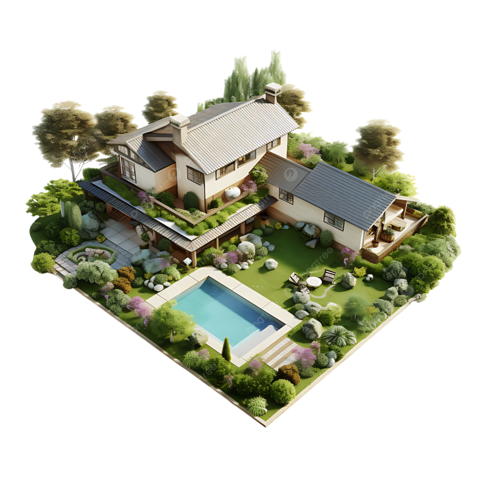 an aerial view of a house with a swimming pool