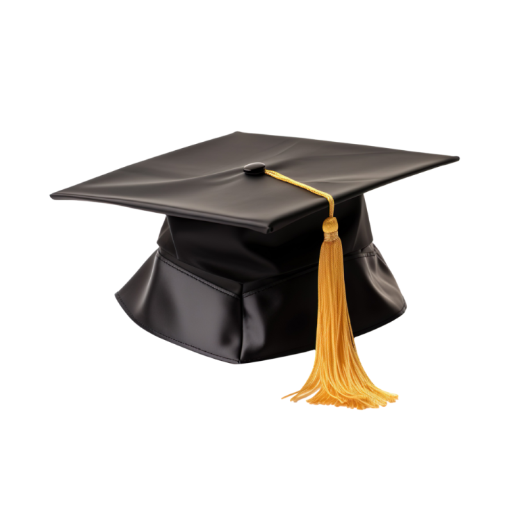 a black graduation cap with yellow tas