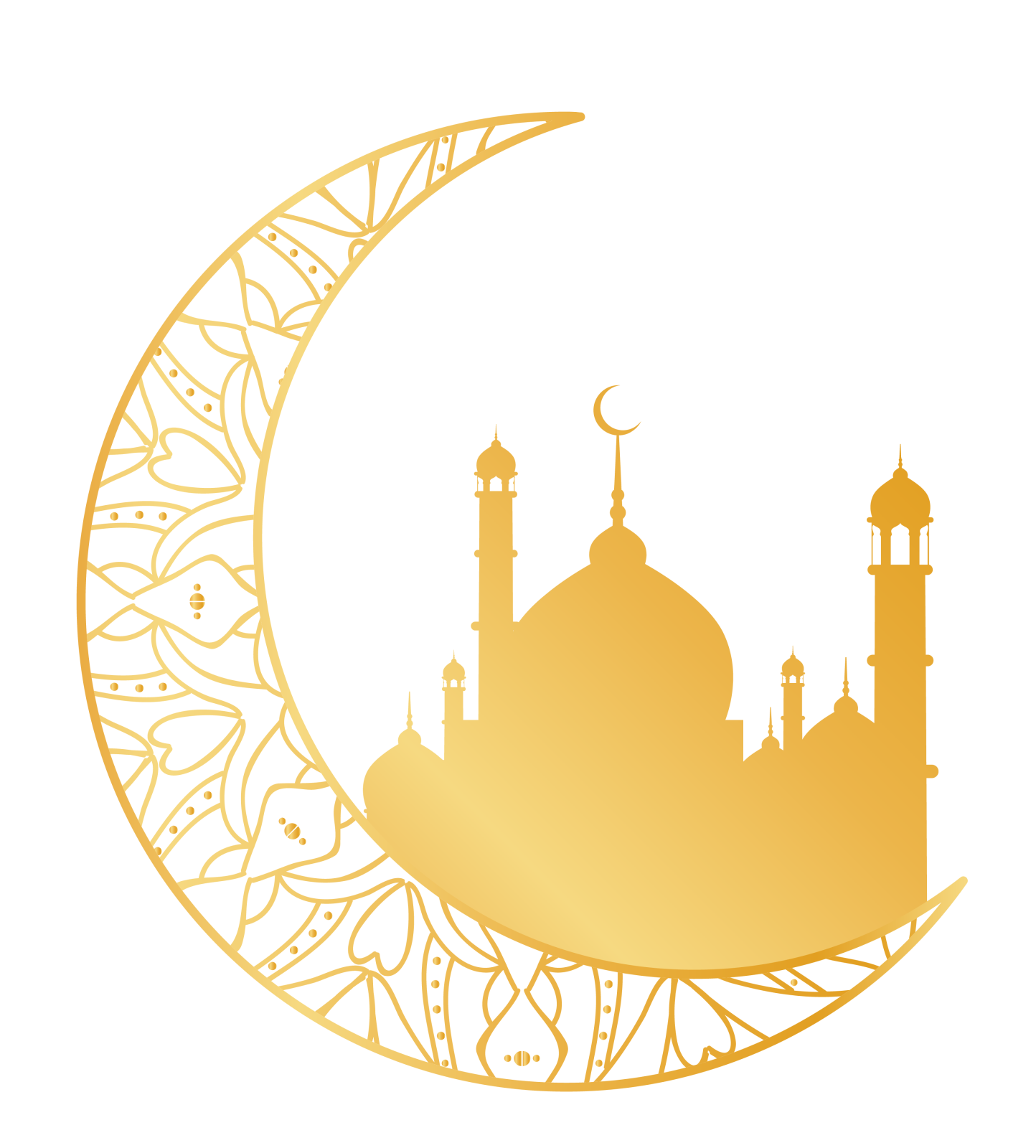 a golden crescent with a mosque in the middle