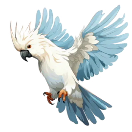 a white parrot with blue wings