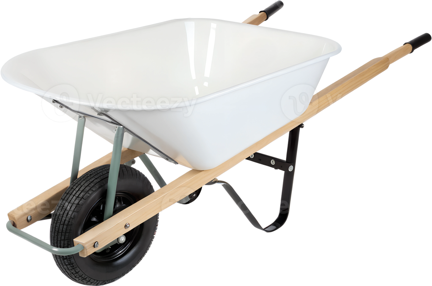 a white wheelbar with wooden handle and wheels