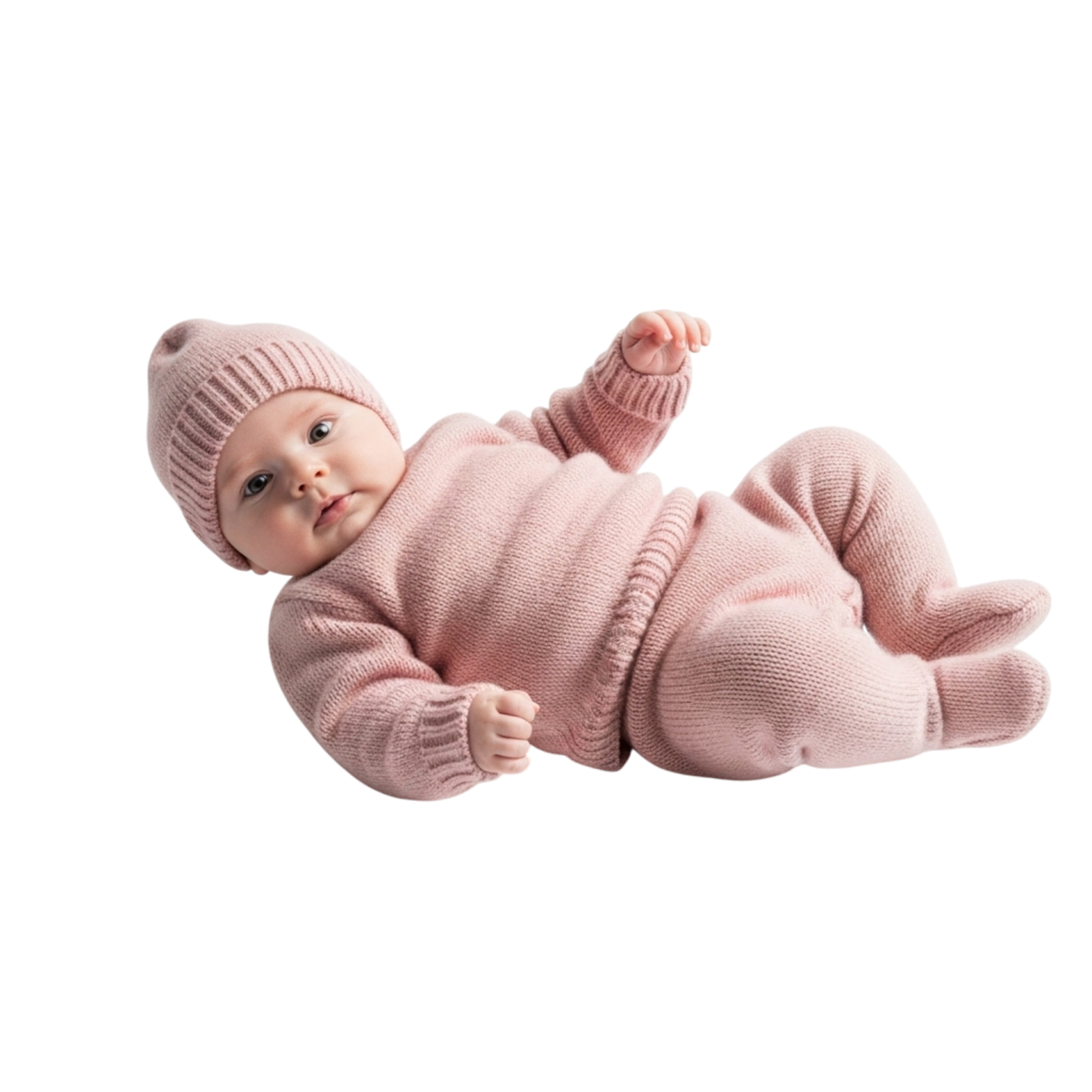a baby doll wearing a pink sweater and hat