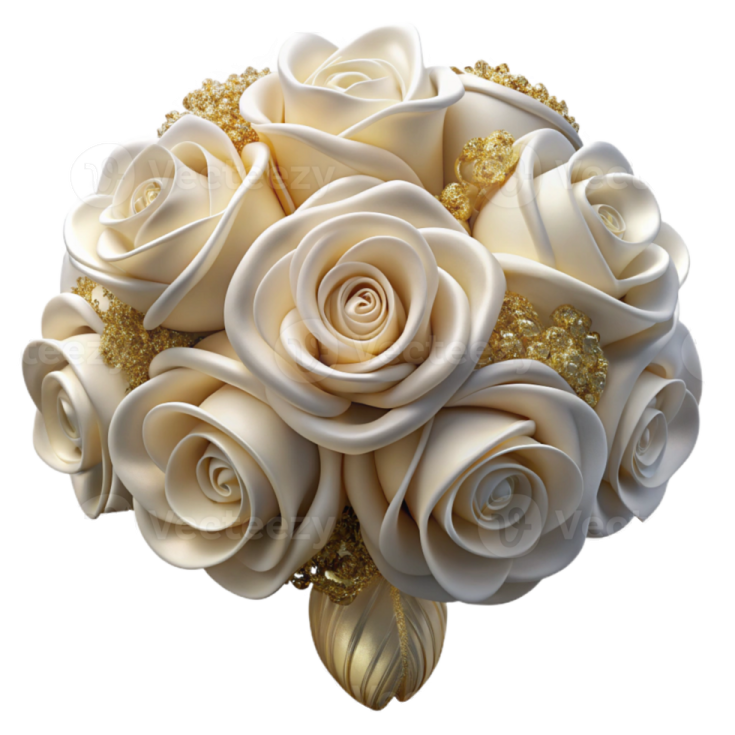 a bouquet of white roses with gold accents