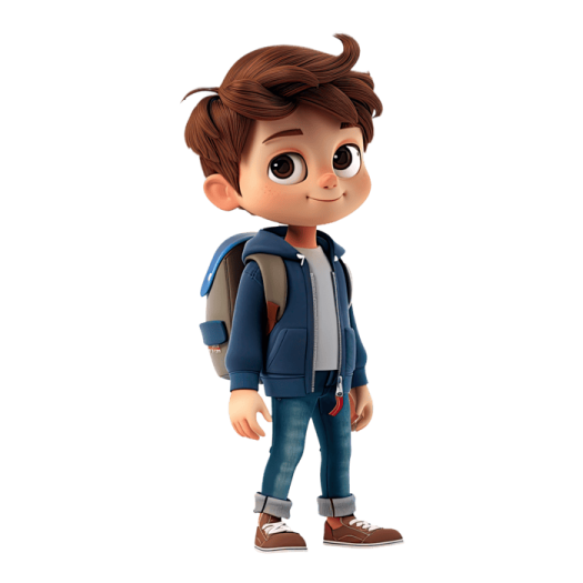 a young boy in a blue jacket and jeans stands with his back to the camera