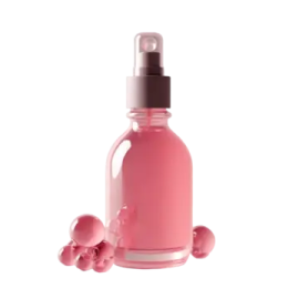 a bottle of pink liquid on a white background
