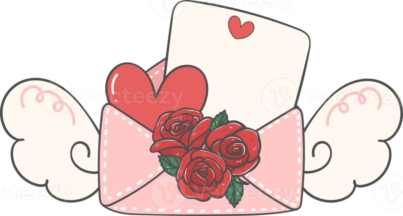 a pink envelope with red roses and hearts